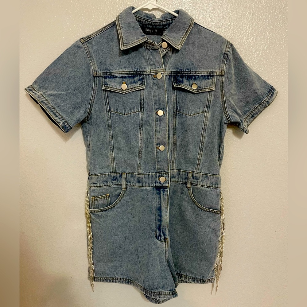 Denim romper with rhinestone tassels